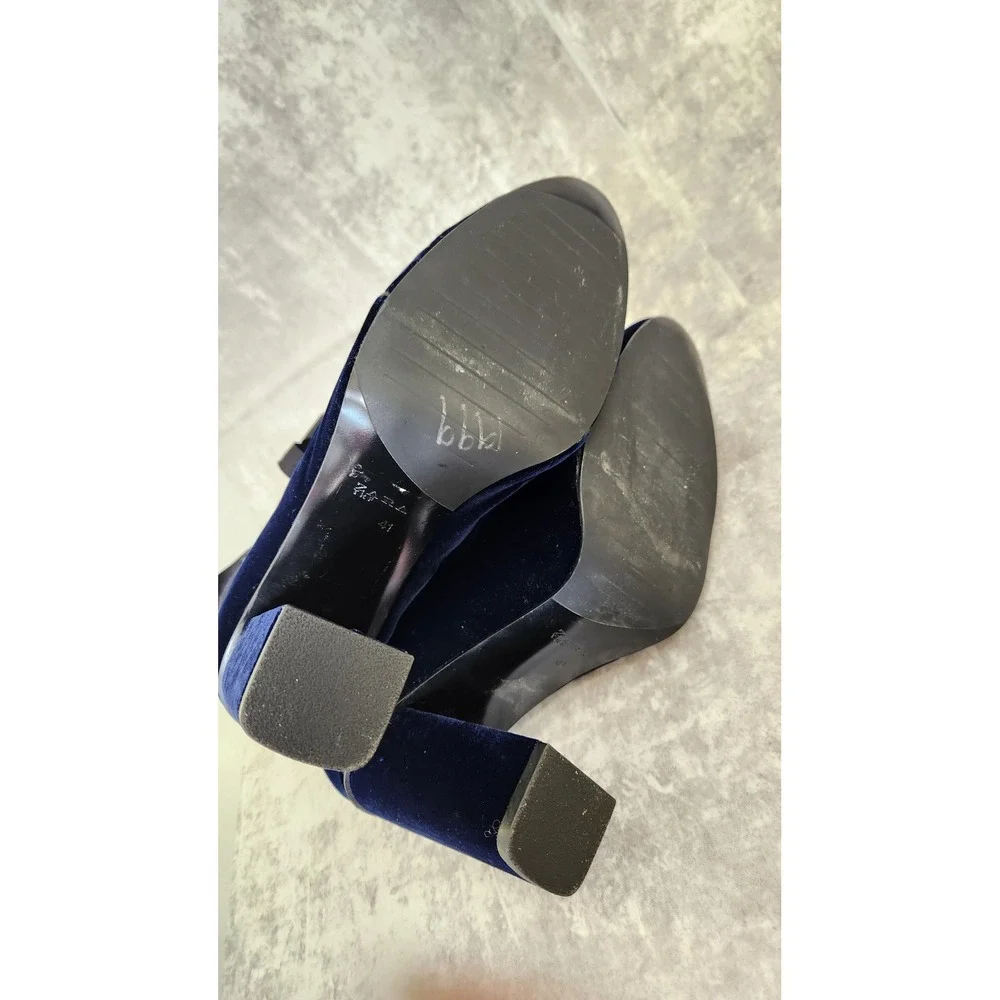 Zara Velvet Ankle Boots Women 41 Blue Front Zip Block Heel Ribbon Tie Gothic